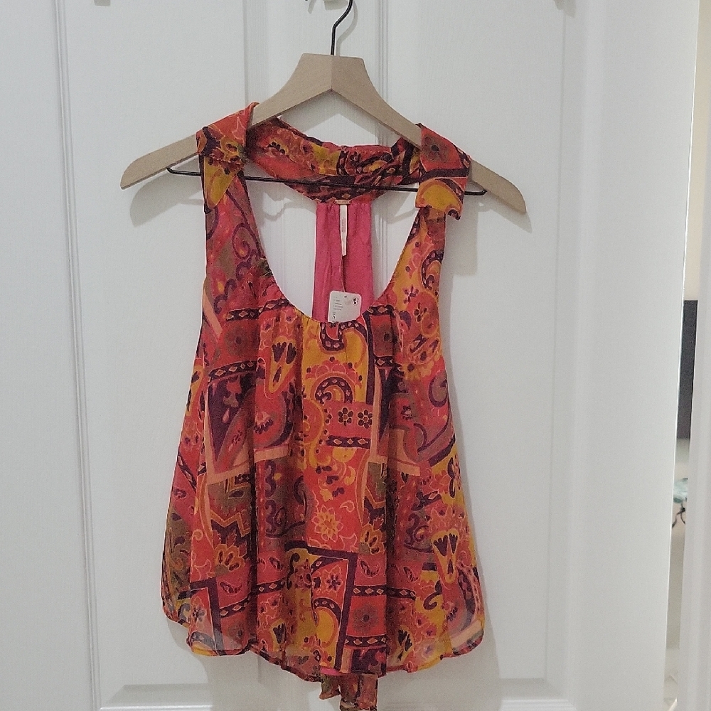 Free People Orange Sleeveless Tie Front Tank Top
